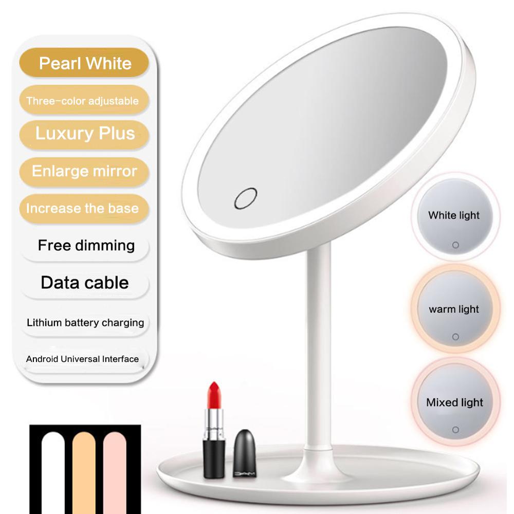 LED Makeup Mirrors with Ring Light HD Vanity Mirrors Smart Touch Control Illuminated Stand Up Desk Table Mirror USB Charge: 3 color light white