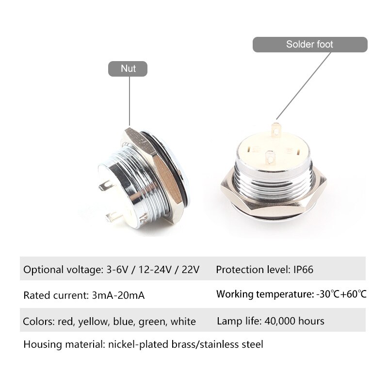 16mm Metal indicator light no wire Soldering Pin 3V 6V 12V 24V 110V 220V indication waterproof power Signal lamp LED