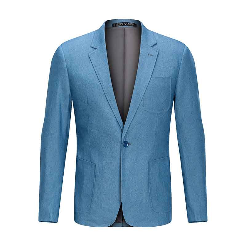 algodón slimfit Blazer hombres trabajo Oficina solo botón bolsillo chaqueta masculina Casual busniess denim de talla grande trajes blazers esmoquin: Azul / L