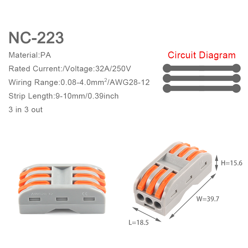 5Pcs Universal Compact Wire Connector SPL 222 2/3/4/5Pin Conductor Wiring Terminal Block Plug-in Quick Connectors with Lever: 5PCS NC-223
