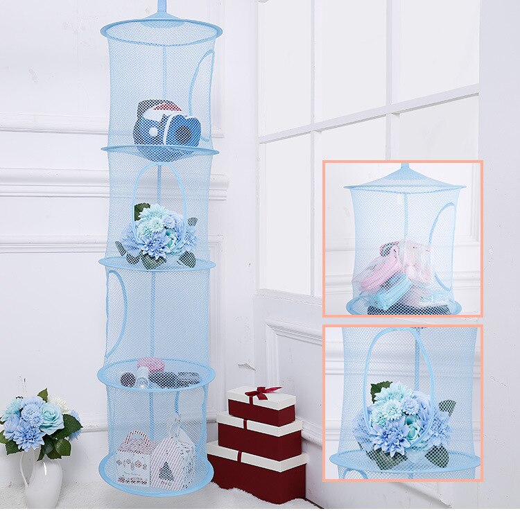 Colorful Collapsible Storage Net Hanging Basket, Breathable Four-lattice Air Drying Cylindrical Basket, Blue/ Yellow/ Grey