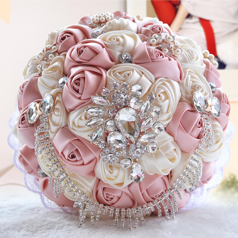 JaneVini Flores Boda Royal Blue Wedding Bridal Bouquet Luxury Crystal Beaded Bride Flower Bouquet Sposa Rhinestones Satin Brooch: Photo Color