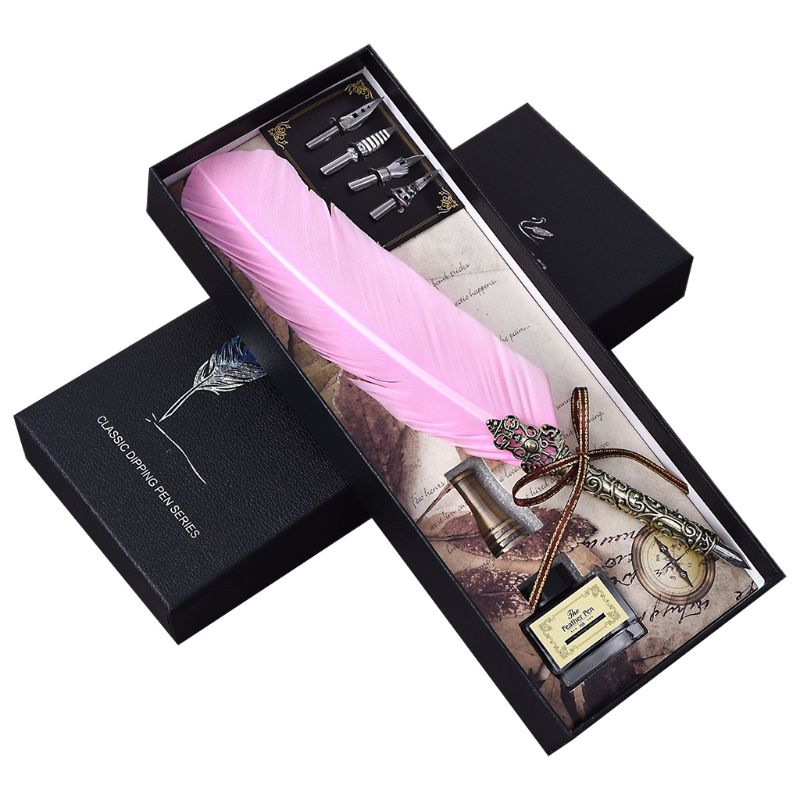 Vintage Handmade Feather Quill Dip Fountain Pen with Ink Nibs English Calligraphy Writing Stationery Wedding 090F