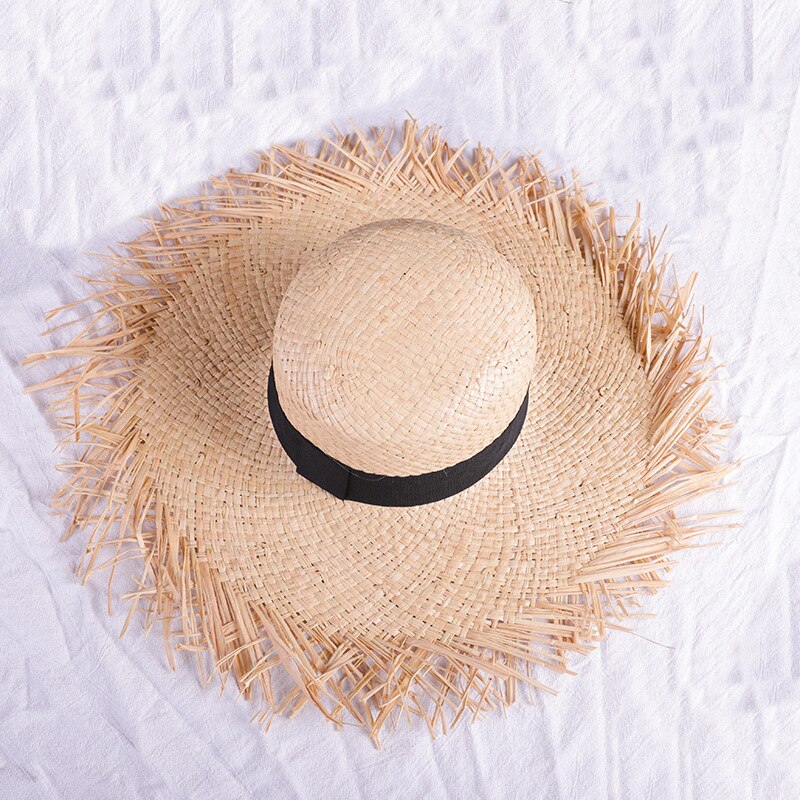 Sommer solhat med en bred rand kvinder bånd strand damer raffia halm hat frynser kvinder badehuer gorra hombre: Default Title