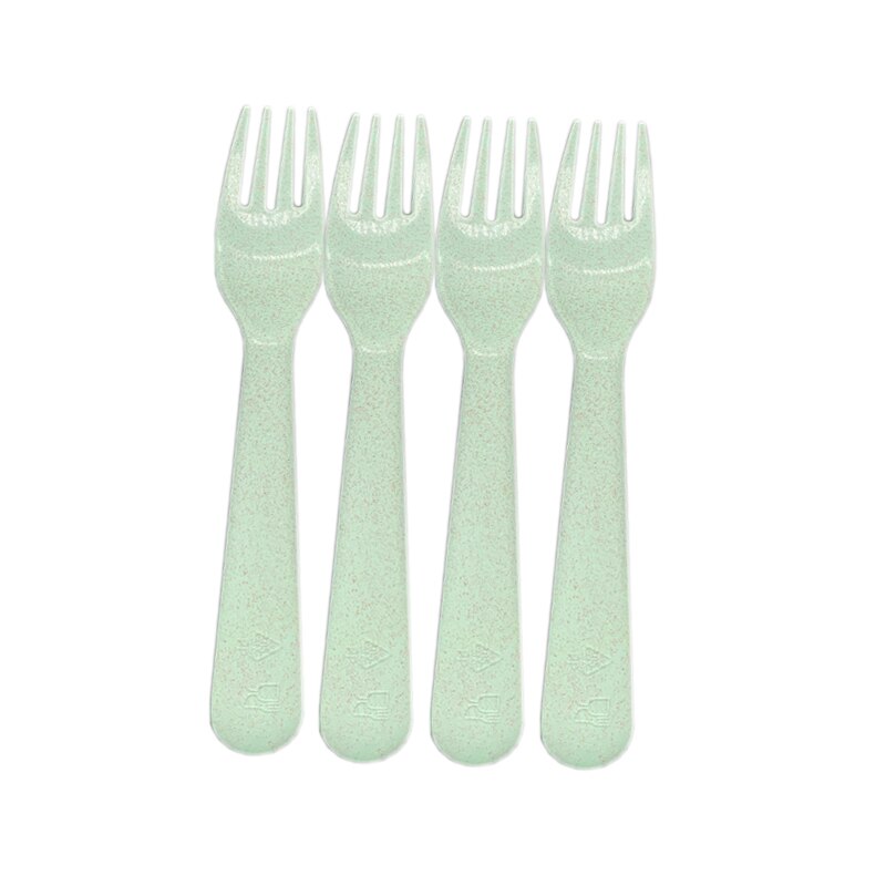 4pcs Pink Kitchen Wheat Straw Tableware Reusable Household Dishware Kids Adult Spoon Fork Cup Salad Soup Bowl Plate: E-4pcs green  Fork
