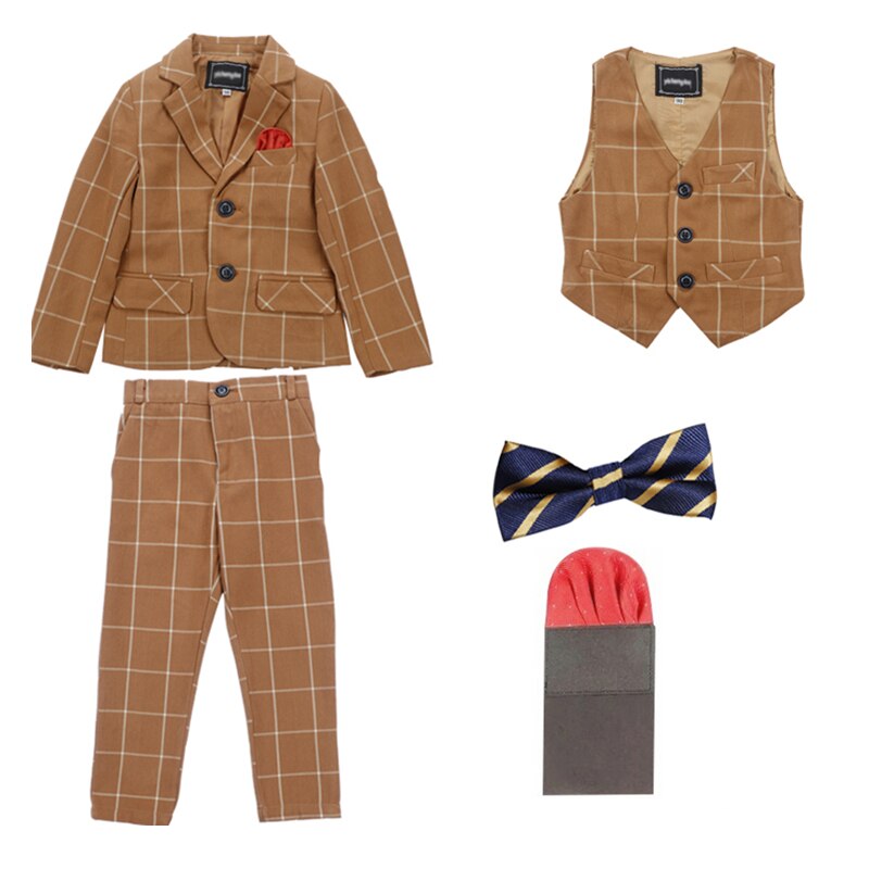 Formal Boys Slim Suits Sets Children Performance Party Wedding Costume Kids Boys Plaid Blazer Vest Trousers Bowtie Clothing Set: khaki 3pcs / 7T