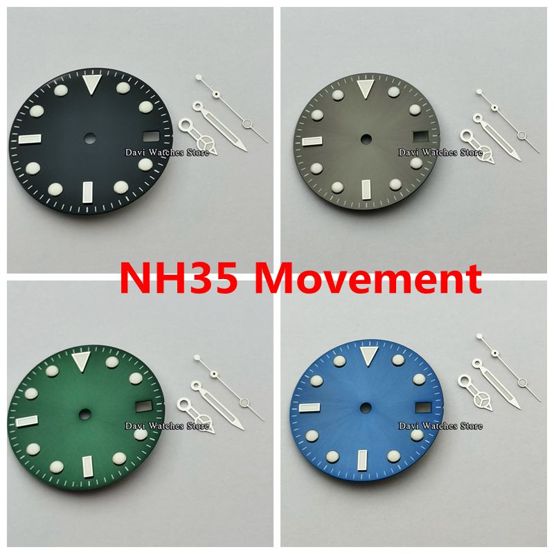 Esfera de reloj estéril de 28,5mm + manecillas de reloj plateadas compatibles con movimiento NH35, accesorios de reloj