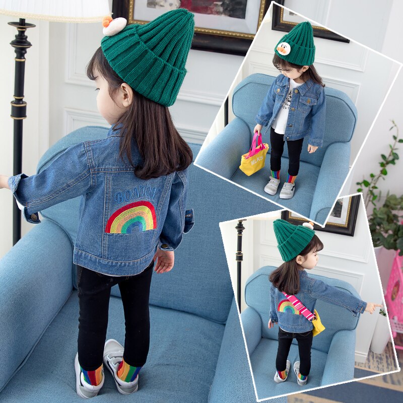 Del bambino del Denim Delle Ragazze Tute E Salopette Autunno Bambini Jean Giubbotti Arcobaleno Stampa Vestiti Per Ragazze Casual Bambini Torna A Scuola Outfit 2 4 6 7 8
