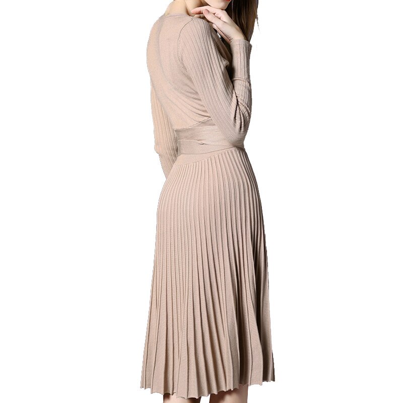 PERHAPS U Khaki Winter Full Sleeve Long Sleeve Office Midi Sashes V-Neck Solid Wrap Pink Knitted Knee Length Dress D0014