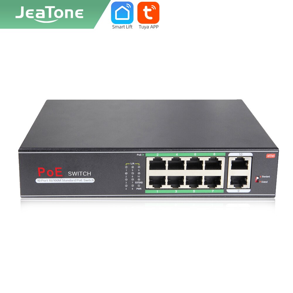 Jeatone 250M 10-Poort Verlengen Ethernet Splitter Switch Met 8-Poorts Poe + 2-Uplink 10/100mbps Voor Ip Camera/Video Intercom Systeem