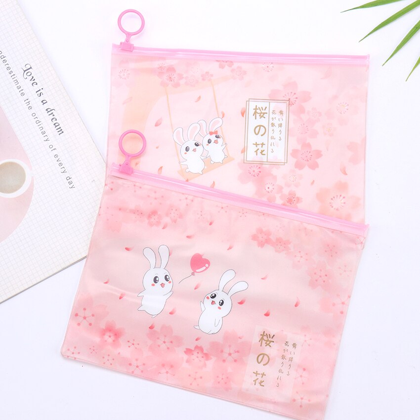 1pc pvc ring lynlås penalhus piger pink penalhus sød kirsebær kanin kuglepen taske dokument taske brevpapir pose