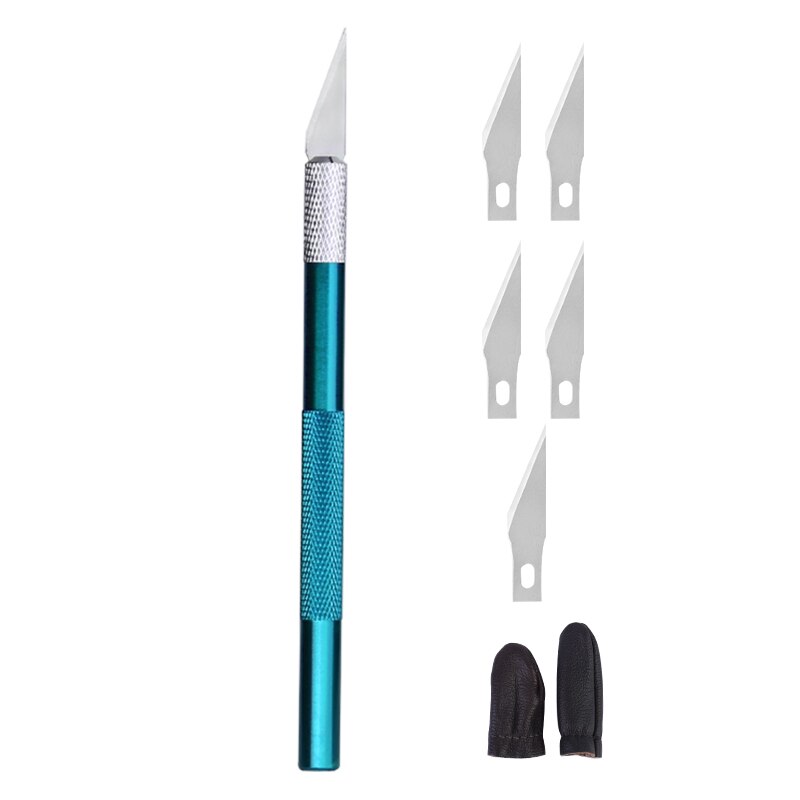 MIUSIE Engraving Cutter With 5pcs Blades And 2pcs Finger Protectors Metal Handle Leather Carving Sculpture Non-Slip Safety Knife: blue