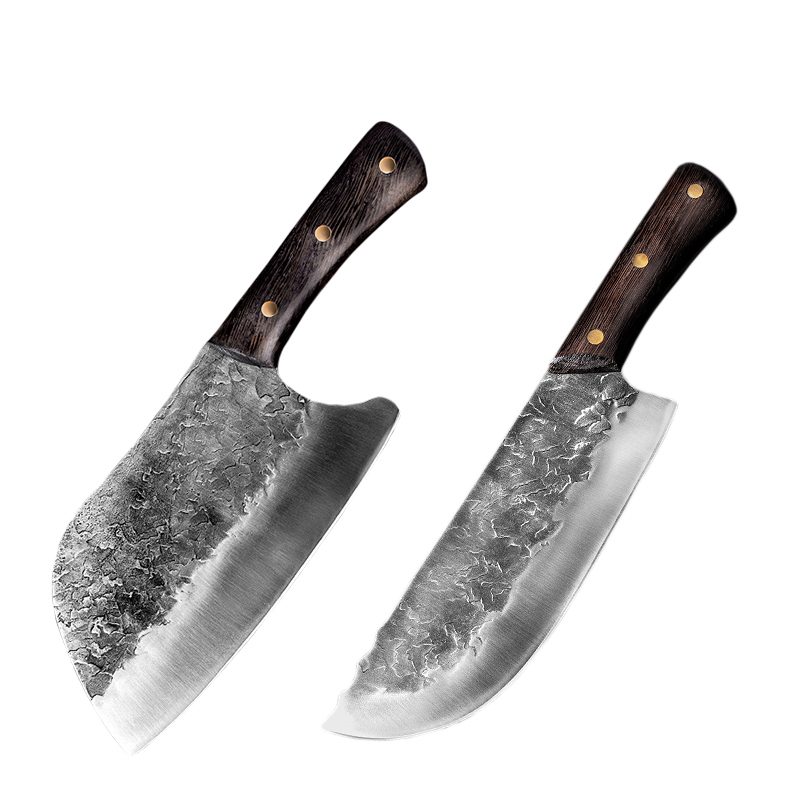 Handmade Forged Butcher Knives SET Wide Blade Chopping Kitchen Chef Knife Chinese Cleaver Camping Cooking Serbian Wooden Handle: 2 Pcs Set-2