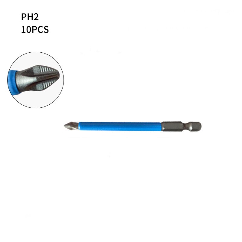10/12 pièces PH1 PH2 PH3 PZ1 PZ2 PZ3 jeu d'embouts de tournevis magnétique 1/4 "tige hexagonale anti-dérapant Phillips accessoires pour outils électriques: 10pcs PH2 90mm