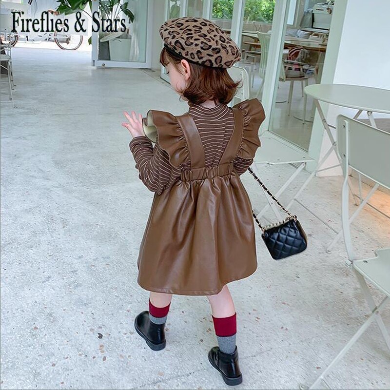 Wiosenna jesienna dziewczęca sukienka na szelkach dziecięca sukienka z PU dla dzieci dziecięca spódnica z dzianiny faux Skórzany ruched latający rękaw od 1 robić 7 lat