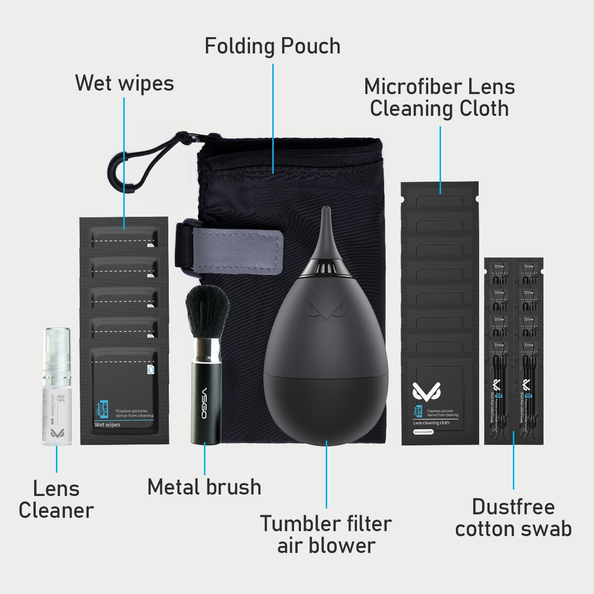 VSGO VS-A2E Kit de Nettoyage de Lentille avec Filtre Ventilateur Pliant Pochette Microfibre Lentille Chiffon Lingettes Humides