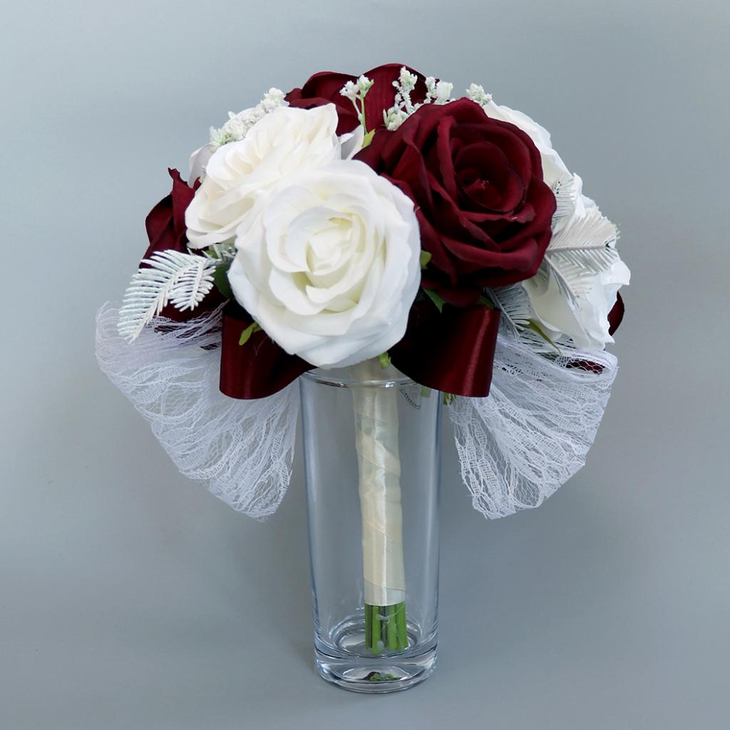 Handmade Realistic Wedding Bride Bouquet Hand Tied flower wesele Party Supplies wedding bouquet mariage floral hoops wedding2019: Wine Red