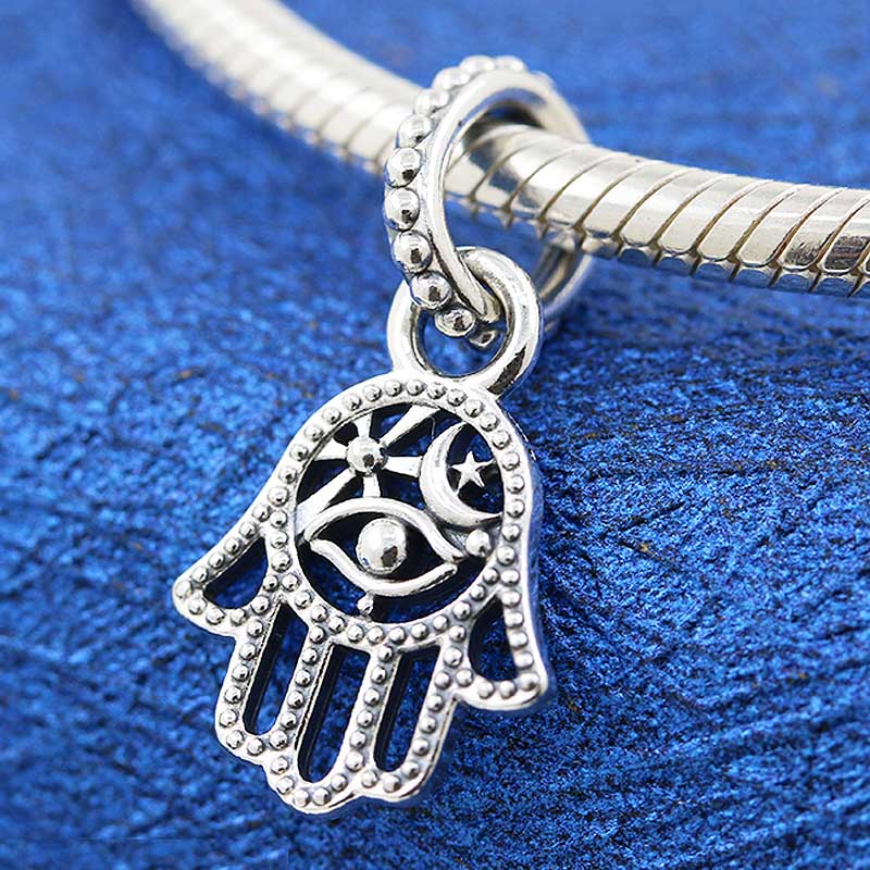 Original Protective Hamsa Hand With Moon & Star Pendant Beads Fit 925 Sterling Silver Charm Bracelet Bangle Diy Jewelry