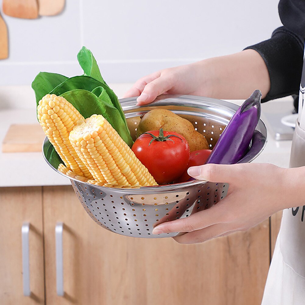 Stainless Steel Holes Washing Cleaning Rice Sieve Strainer Fruits Vegetable Drain Bowl Kitchen Supplies