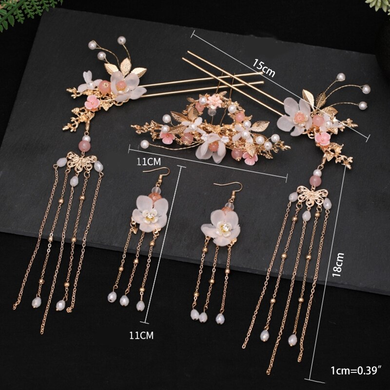 Women Chinese Hanfu Dress Jewelry Sets Tassel Floral Hairpins Earrings Hair Fork AXYD