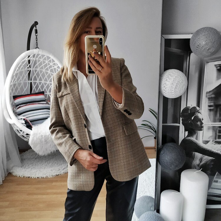 Lauri laki rutig kavaj dam kontorskläder långärmad kavaj kostym mujer vintage gitter plazer jacka plus size khaki