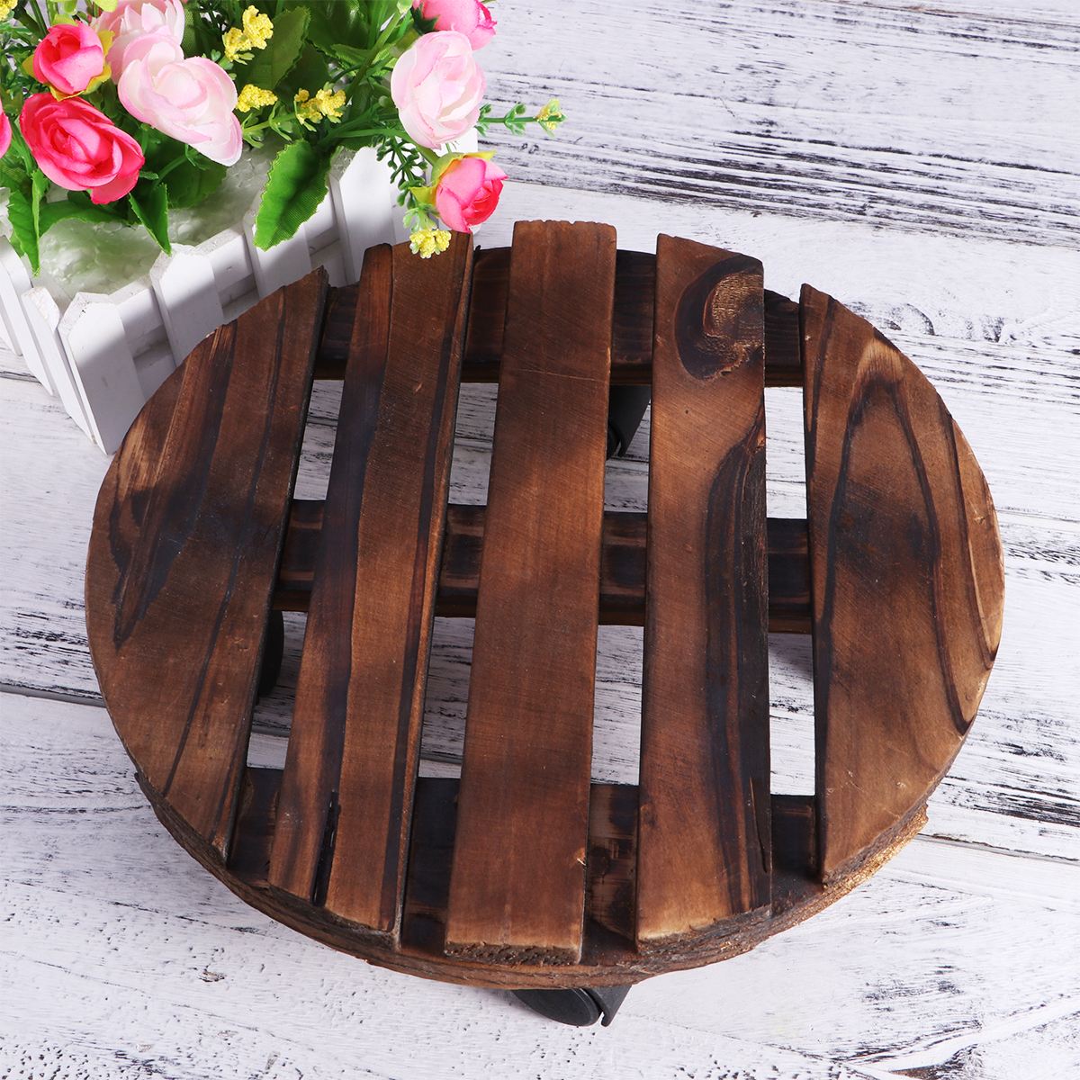 ! Support de Pot de fleur mobile de Caddy de planteur en bois de support rond de fleur pratique avec des roues pour la maison de jardin