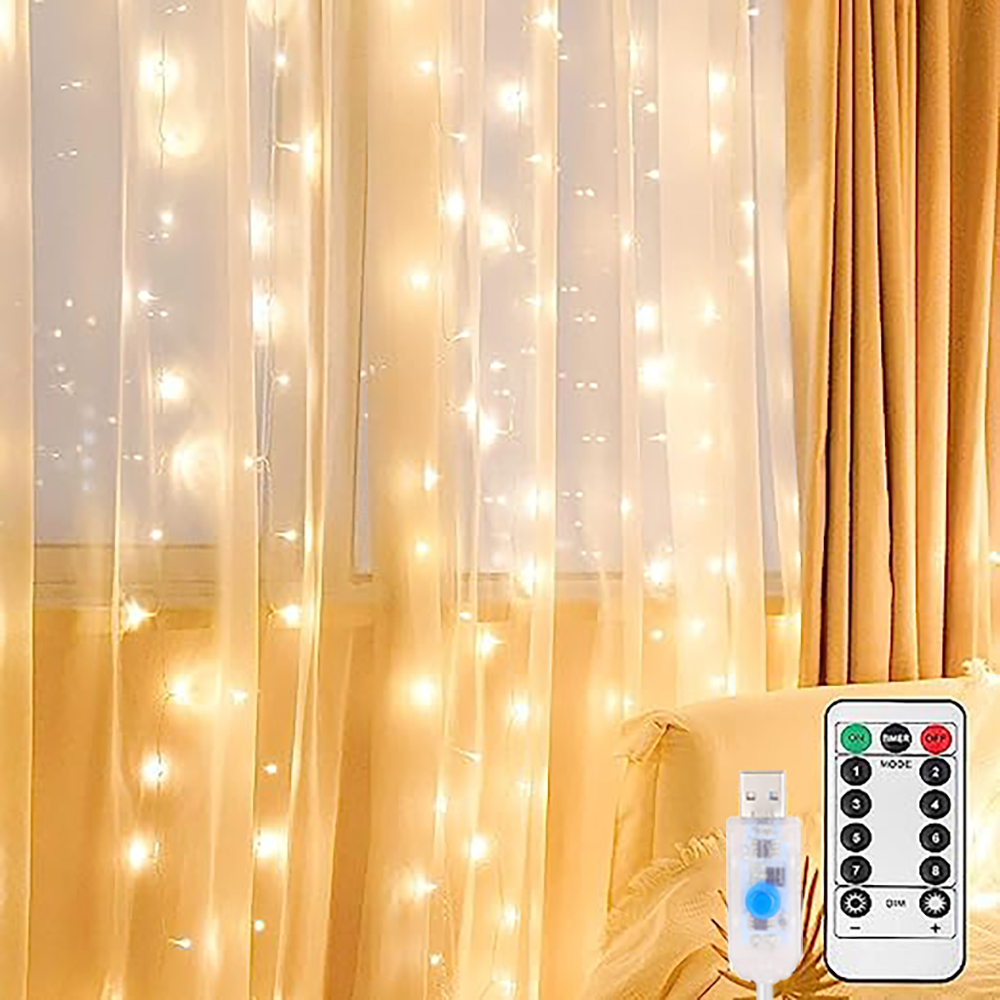 Cortina de luces LED para dormitorio, cadena de hadas USB de 3x3M, guirnalda remota de 8 modos, iluminación decorativa para dormitorio y hogar de boda