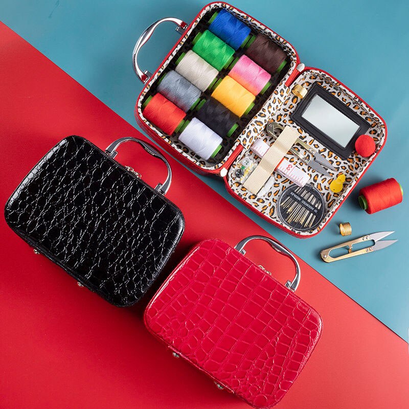 Artracyse Sewing Box Kit Leather Box Sewing Set Household Sewing Kit Tools Sewing Supplies Portable Storage Box with Zipper