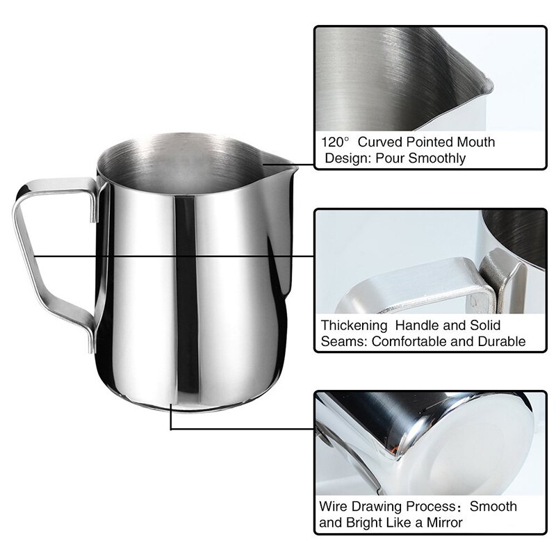 Jarra para Espumador de leche Espresso, jarra para espumar, función de vapor, accesorios para café Latte Barista de acero inoxidable 304, 100ml, 150ml, 200ml