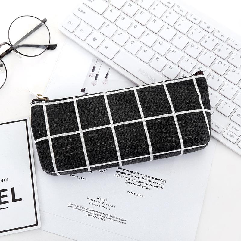 Canvas Pencil Case School Pencil Bag Pencilcase Pen Bag Cute Simple Striped Grid Pencil Box School Tools: Black