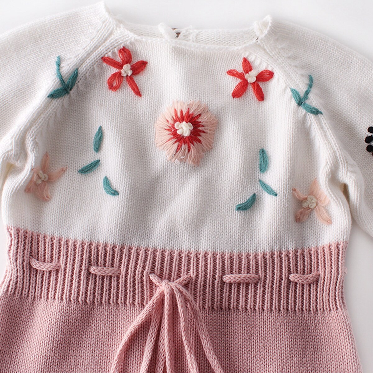 Baby Boys Girls Autumn Sweater Floral Embroidery Round Neck Long Sleeve Knit Jumpsuit Bodysuit for Baby