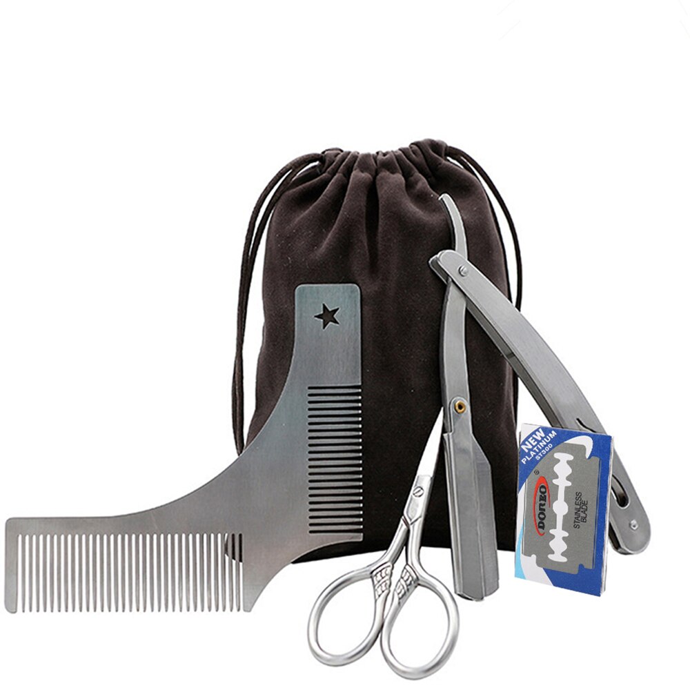 1 Set Men Beard Care Set Beard Razor Trimmer Hair Shape Comb Shaving Manual Small Scissors Home Hair Removal Tools Kit: A set