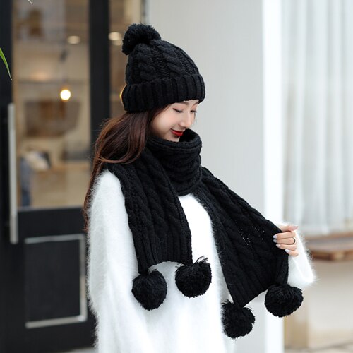 Dames winter muts sjaal set wol gebreide muts vrouwelijke bont pompon mutsen voor vrouwen dames kap dikke warme skimuts kraag: Zwart