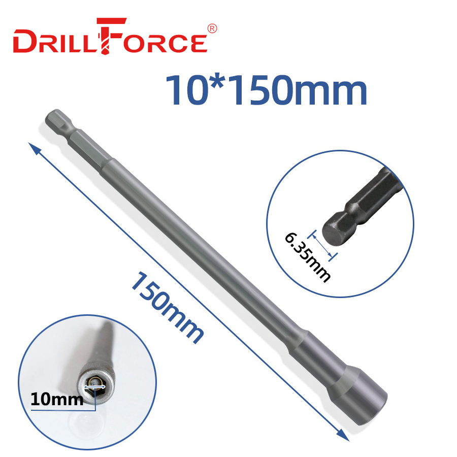 Drillforce 5.5-19x150mm Magnetic Nut Driver Set Impact Socket Sleeve Adapter Screwdriver Drill Bit 1/4" Quick Change Hex Shank: 10x150mm
