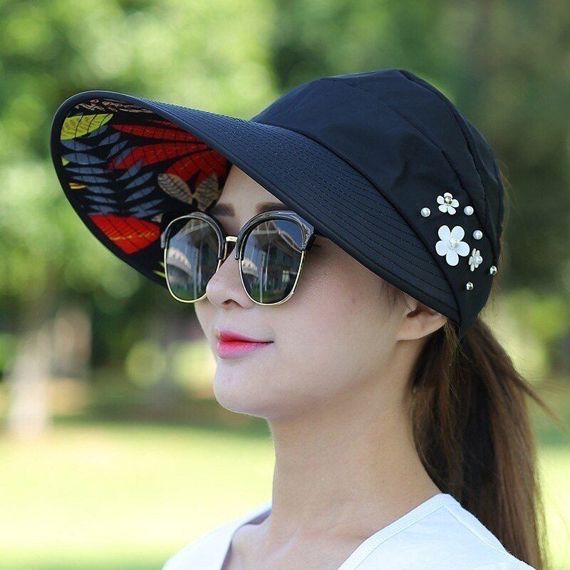 Kvinder dame solhat strand hat uv beskyttelse anti-uv visir foldbar hætte til udendørs  b2 cshop: Sort