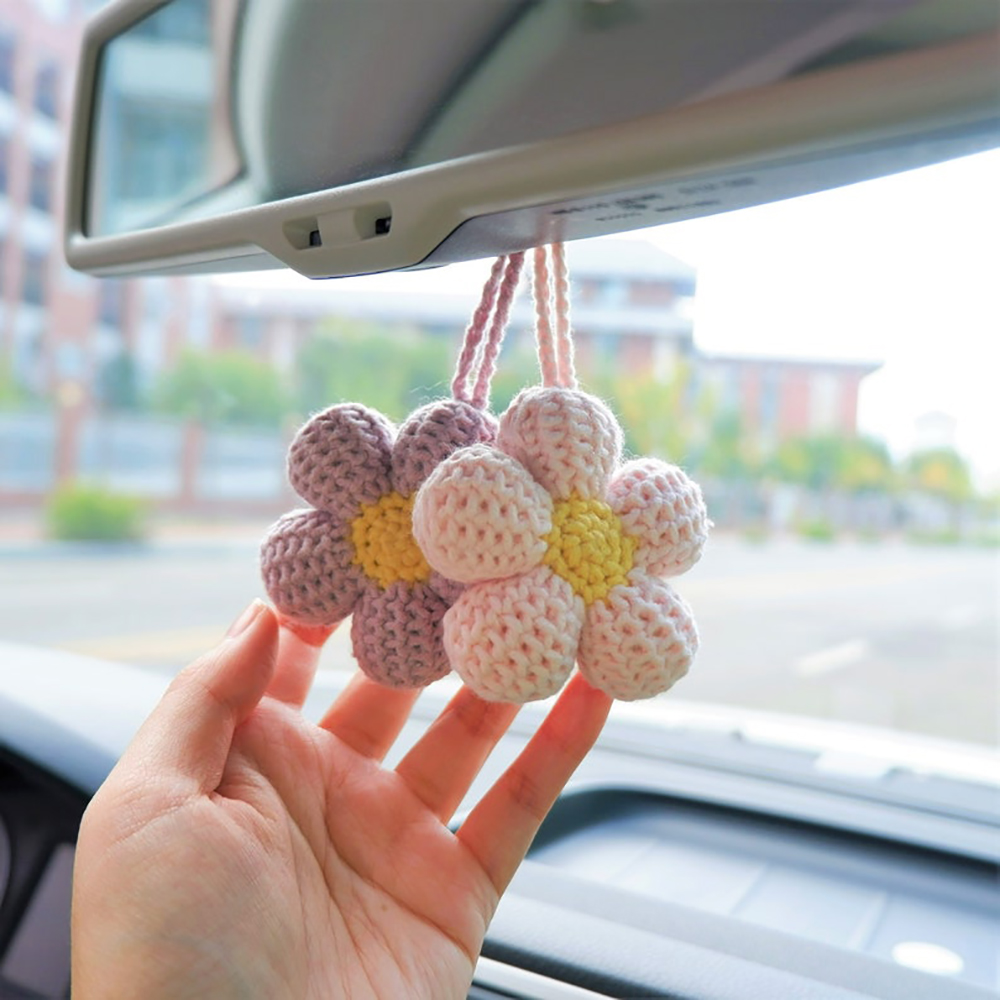 Accesorios colgantes para espejo de coche con flor de gofre Kawaii, accesorios para espejo retrovisor de coche con flores de ganchillo, colgante para espejo de coche D