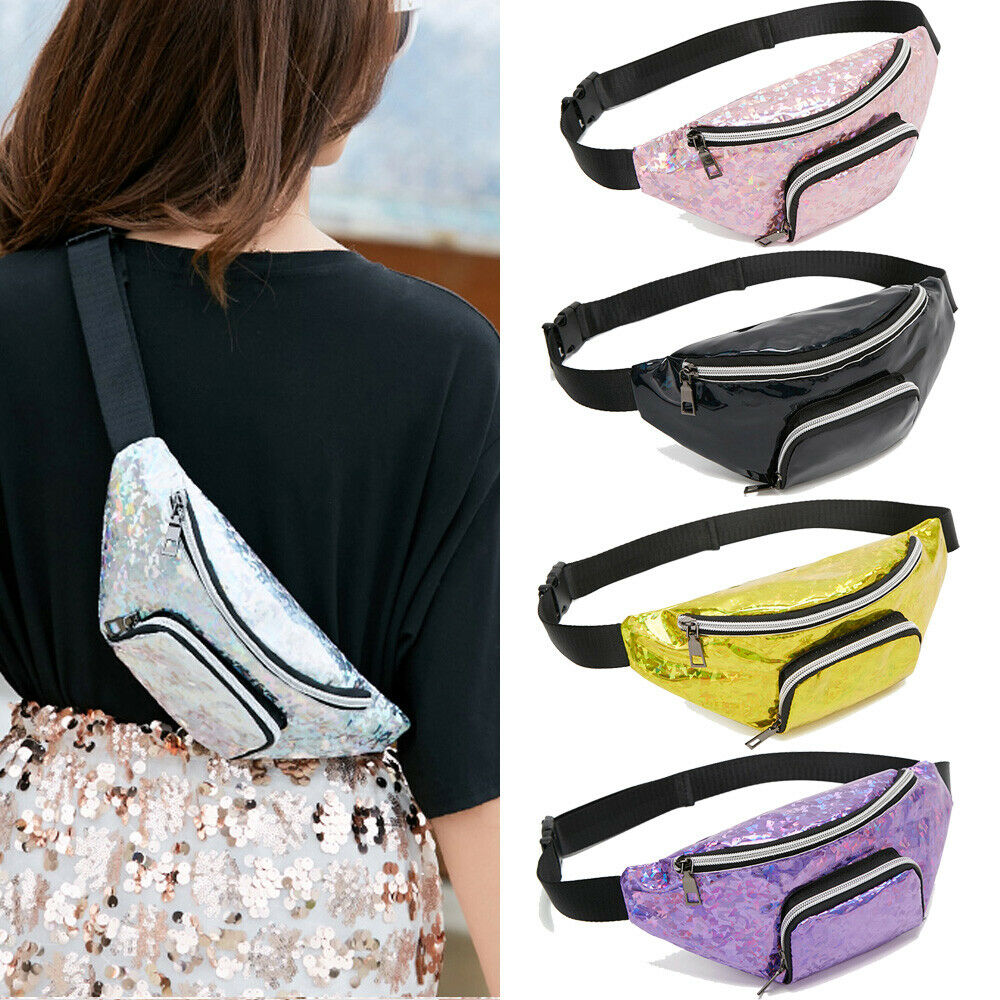 Women Girls Waist Fanny Pack Belt Pouch Hip Bum Bag Shinny Zipper Travel Sport Small Cellphone Purse Chest Pack