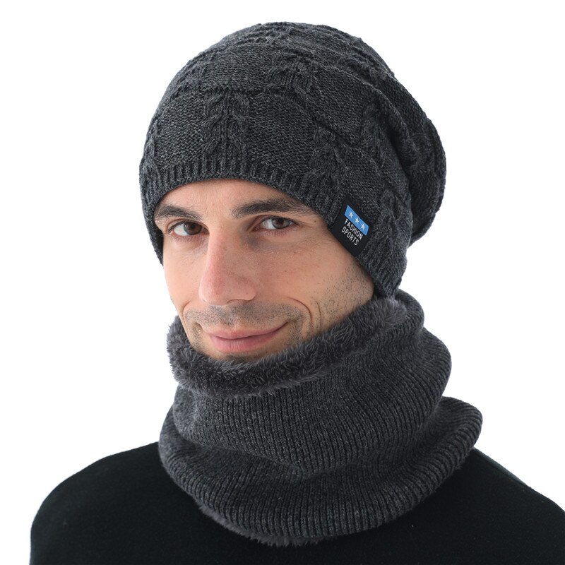 Xthree hommes bonnets hiver Skullies tricoté chapeau écharpe avec doublure laine mâle Gorras Bonnet hiver chapeaux pour hommes bonnets chapeaux: hat scarf set gray