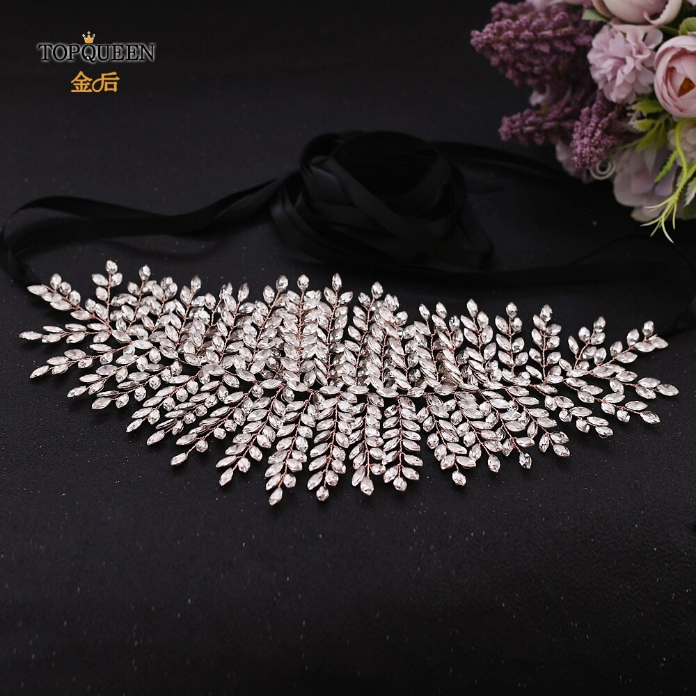 TOPQUEEN Rose Gold Jeweled Belt Wedding Dress Belt Rhinestone Belts for Women Formal Belt for Women Dresses Bridal Sash SH238-RG: Black ribbon