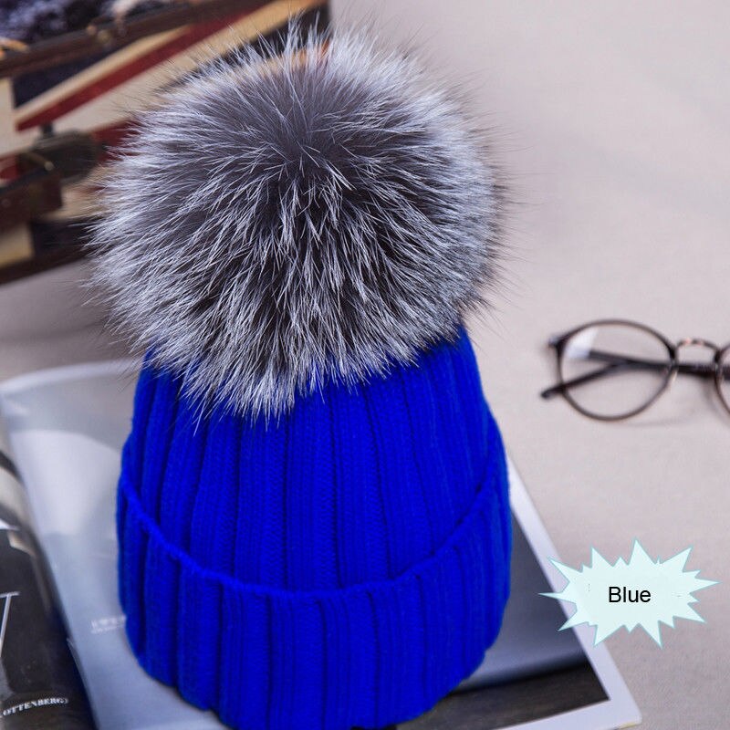 Damer kvinder afslappet varm vinter beanie stor imiteret pels pom pom bobble hat strikket ski cap: Blå