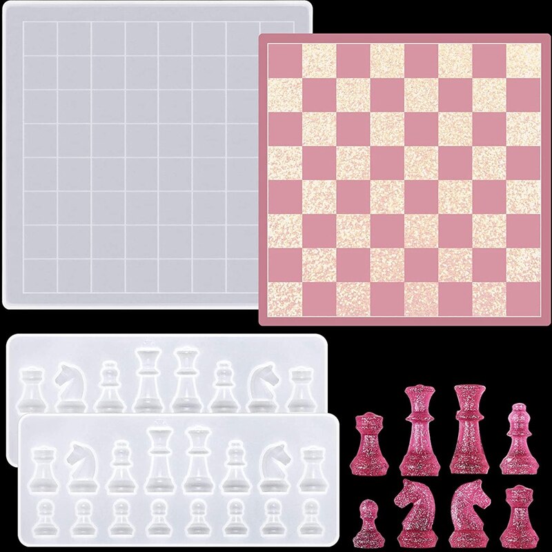 Chess Set Molds 2 Chess Board Silicone Mold and 3D International Chess Piece Epoxy Casting Mold for DIY Crafts Making