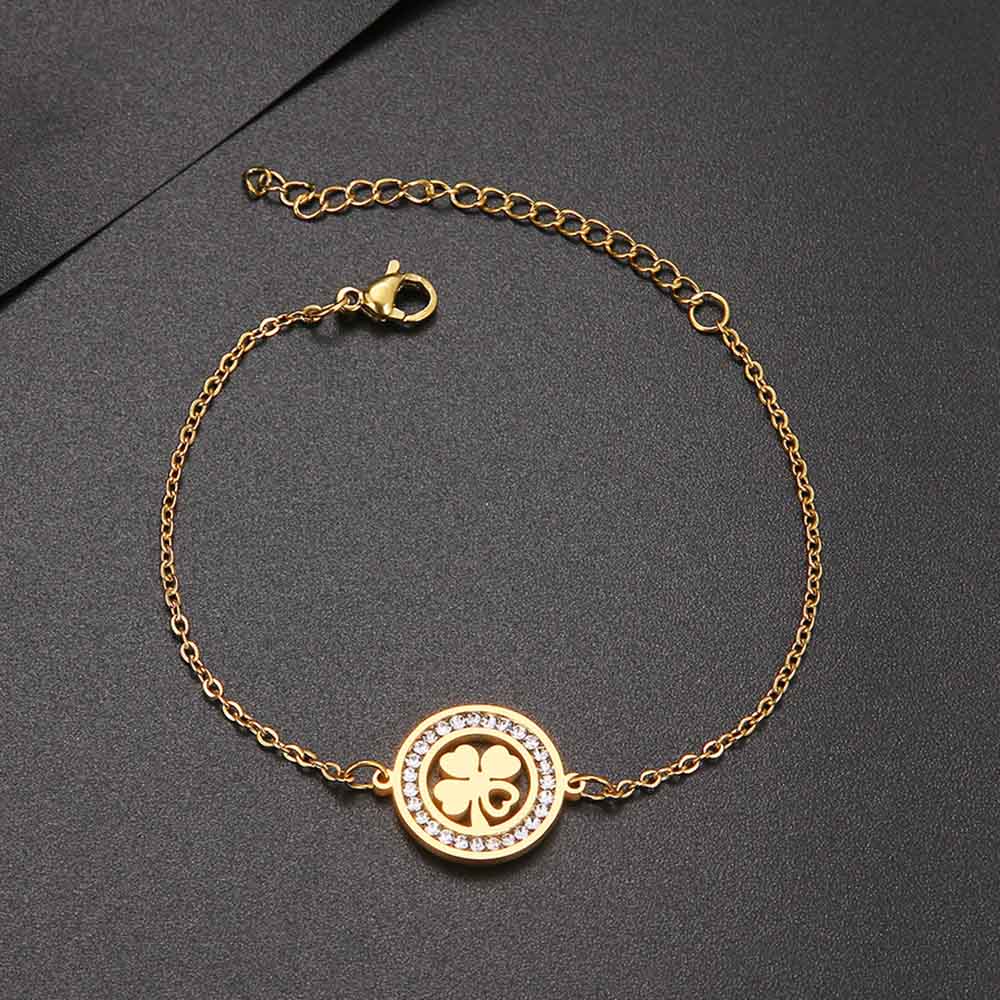 CACANA – Bracelet rond en acier inoxydable pour femmes, couleur or, bijoux en cristal, trèfle de cœur d'amour, de fiançailles, 316L: Gold Color