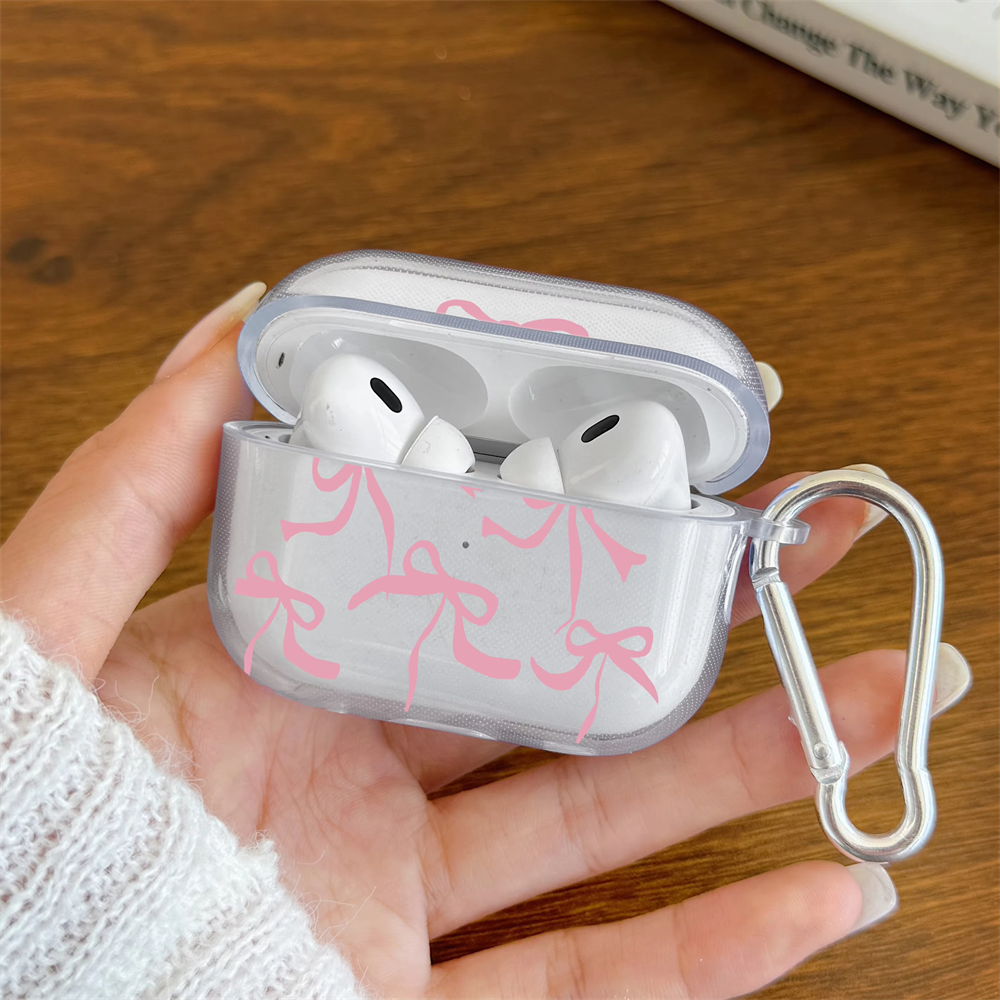 Custodia Per AirPods Pro 2 A Forma Di Fiocco Rosa – Cover Protettiva Con Ciondolo Floreale, Trasparente, Con Moschettone