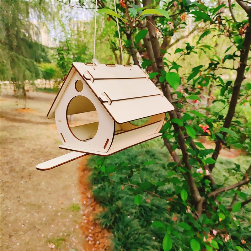 1pcs Bird Feeder DIY Assembled Wooden Wild Bird Feed Dispenser Outdoor Hanging Birdhouses Pet Bird Feeder Yard Garden Decoration