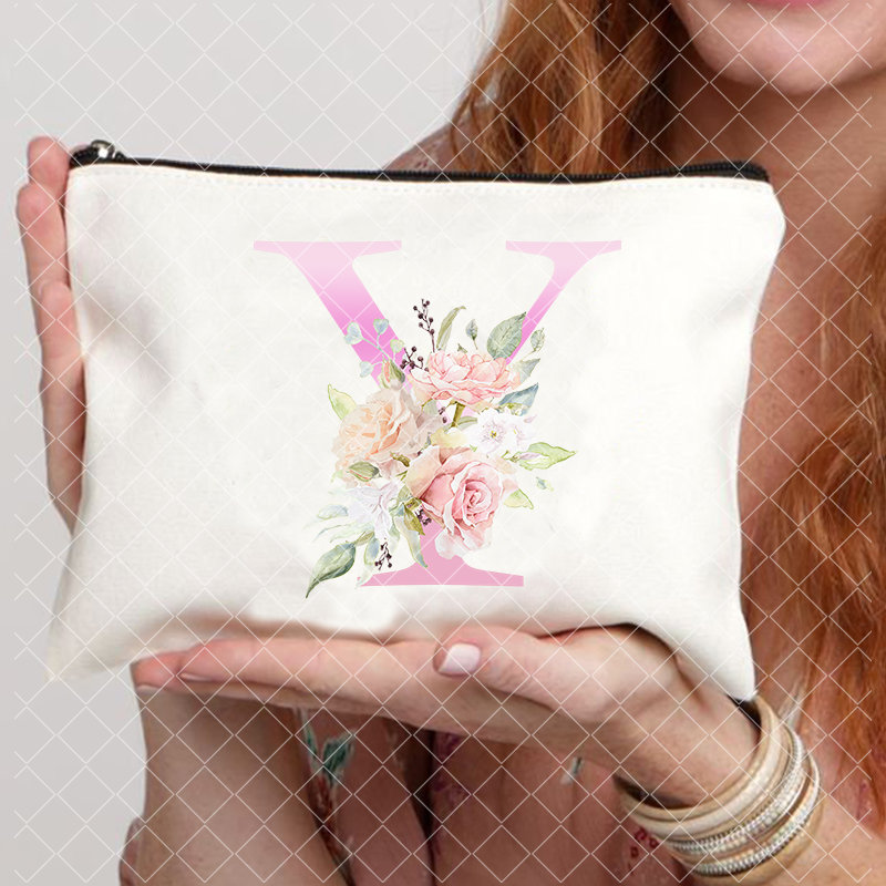 26 Pink Initials Women Cosmetic Bag Bride's Toilet Makeup Pouch Cosmetic Case Bridesmaid Bachelorette Party Lady Bags: Khaki