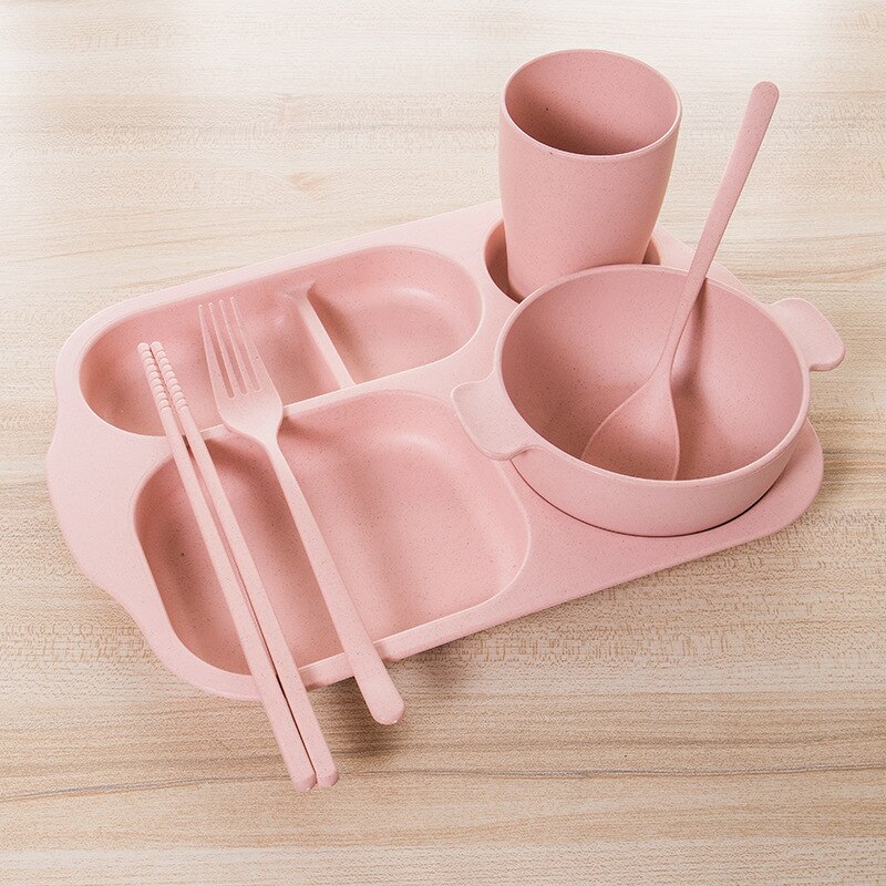 6 Stks/set Baby Mooie Kom Tarwe Materiaal Kinderen Sectionele Diner Plaat Tarwe Stro Materiaal Kom Servies Set Plastic Effen: Pink set