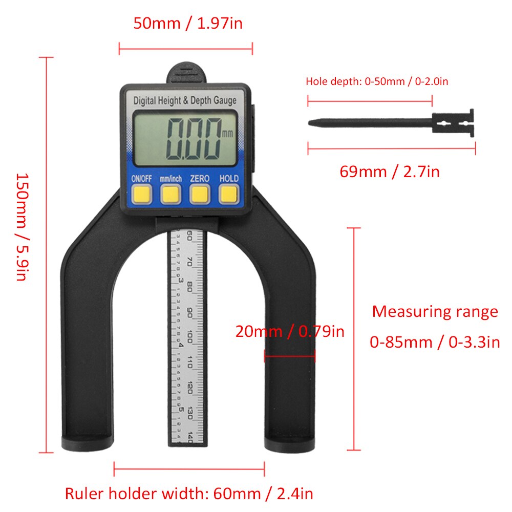 Lcd digitaal display schuifmaat schuifmaat liniaal hoogte- en dieptemeter met meetbereik 0-85mm met magneten