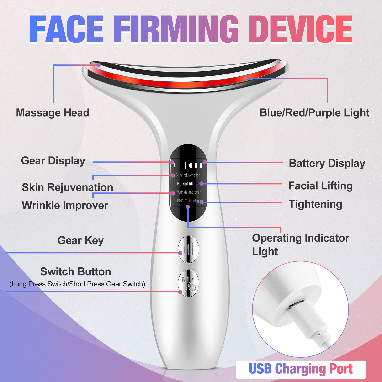 EMS Face Neck Lift Schoonheidsapparaat Gezichtsmassager LED Dubbele Kin Remover Huidverjonging Aanscherping Anti Rimpel