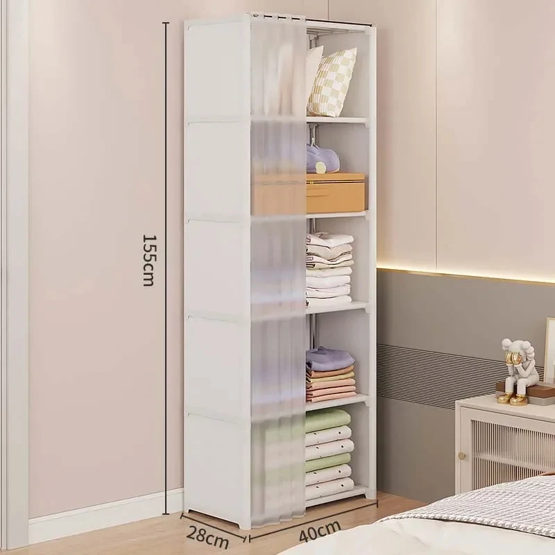 Multi-layer Storage Rack Portable Clothes Organizer Cabinet Dustproof Wardrobe Storage Cabinet Multifunctional with Curtains: Red