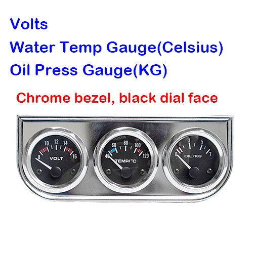 Dragon gauge bil tredobbelt gauge 52mm spænding / vand temp (celsius) / olie presse sort / krom ramme 3- i -1 kit meter: Krom og sort